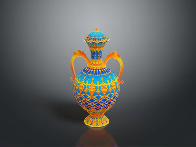 Ornate Carved Vase Sculpture Featuring Blue Orange Decorative Patterns Two Handles And Lid 3d model