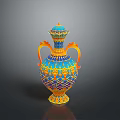 Ornate Carved Vase Sculpture Featuring Blue Orange Decorative Patterns Two Handles And Lid