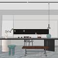 Modern Teahouse Interior With Long Table Chairs Tea Sets And Pendant Light 3d model