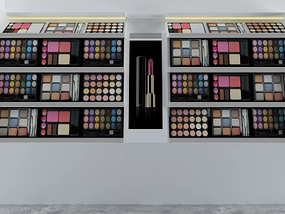 Cosmetic Display Shelves with Various Eyeshadow Palettes Blush and Lipsticks in Modern Retail Store 3d model