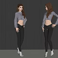 Stylish Woman Standing In Gray Crop Top Long Sleeves Black Tight Pants And White Shoes