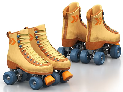 Yellow Suede Roller Skates with Orange Arrow Logos Blue Wheels and Orange Brakes 3d model