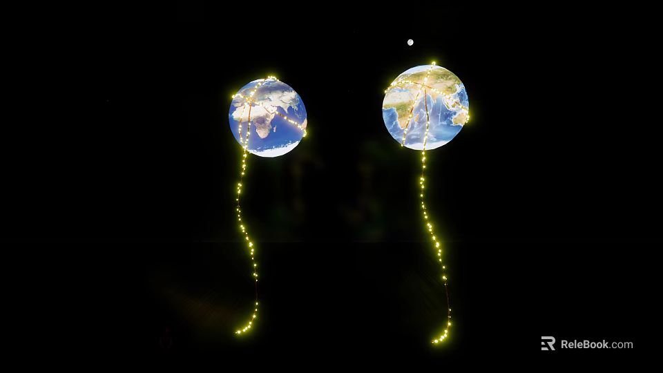 Earth shaped balloons with illuminated string lights floating in black night sky 3d model 