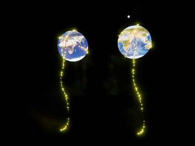 Earth shaped balloons with illuminated string lights floating in black night sky 3d model