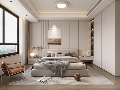 Modern Minimalist Bedroom Leisure Chair Ceiling Lamp Wardrobe Hanging Painting 3d model