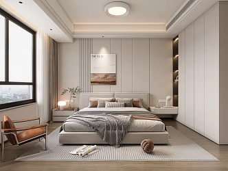 Modern Minimalist Bedroom Leisure Chair Ceiling Lamp Wardrobe Hanging Painting 3d model