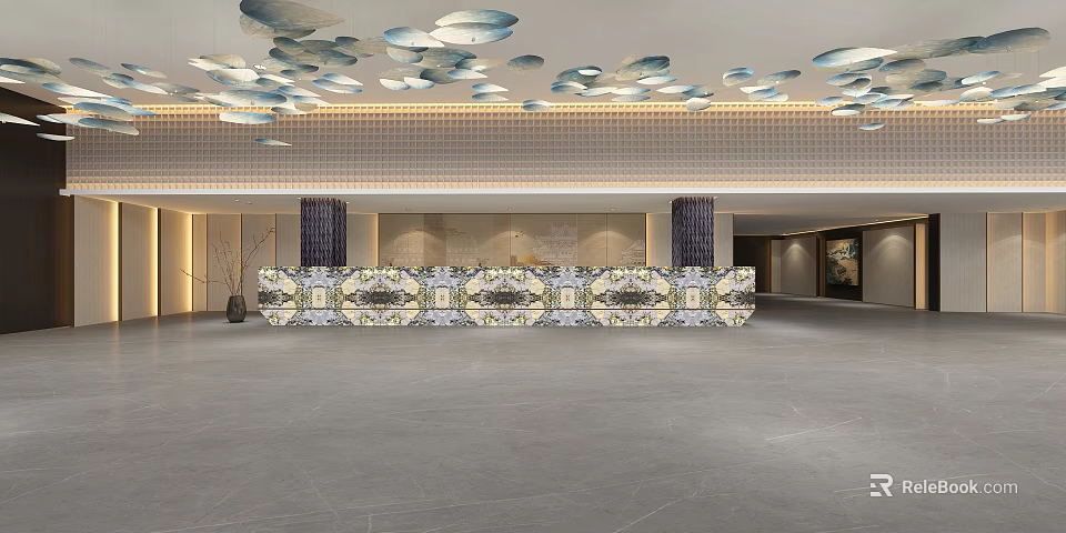 Modern Hotel Lobby Interior With Decorative Ceiling And Marble Reception Counter 3d model