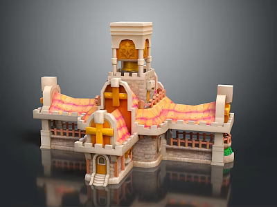 Cartoon Style Castle With Bell Tower Colorful Roof And Cross Decorations Windows And Wooden Door 3d model