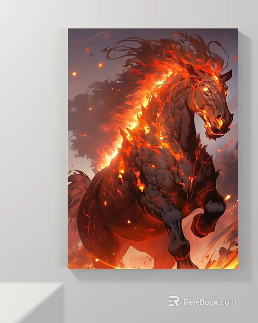 Animal Painting of Flaming Black Horse Leaping with Fiery Flames and Smoke Effects 3d model 