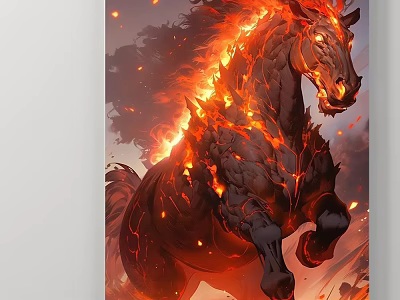 Animal Painting of Flaming Black Horse Leaping with Fiery Flames and Smoke Effects 3d model