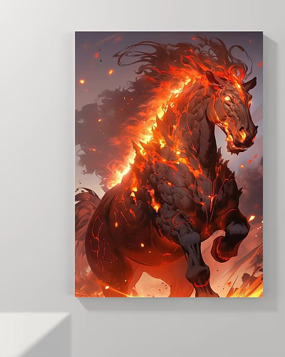 Animal Painting of Flaming Black Horse Leaping with Fiery Flames and Smoke Effects 3d model