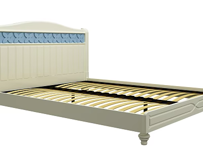 White Double Bed With Blue Scalloped Decorative Headboard And Gold Slatted Base 3d model