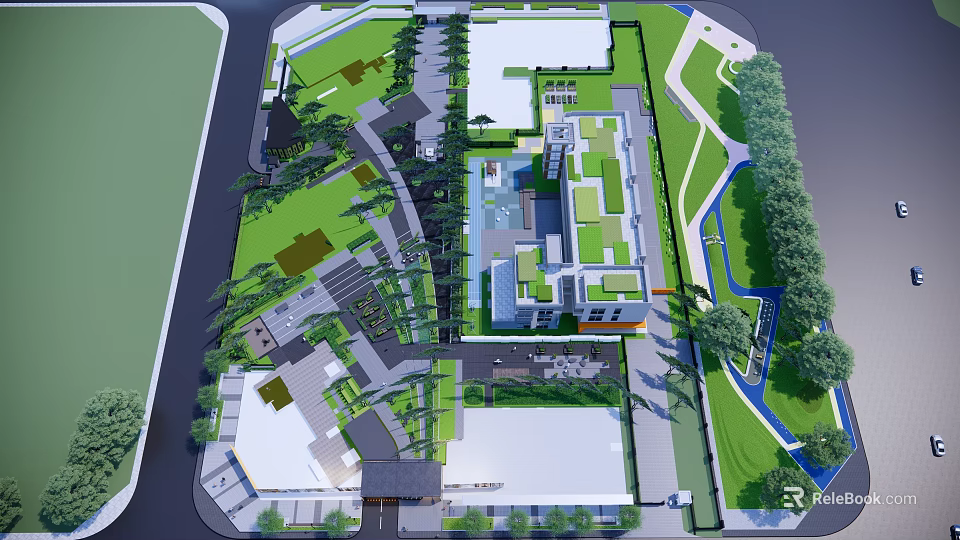 Modern Garden Landscape Design With Green Spaces Paths Water Features And Trees 3d model 