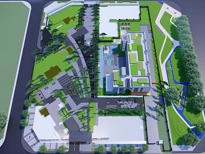 Modern Garden Landscape Design With Green Spaces Paths Water Features And Trees 3d model