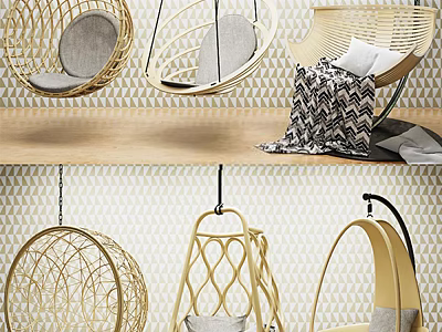 Various Modern Hanging Chair Designs With Woven Rattan Frames And Soft Gray Cushions 3d model