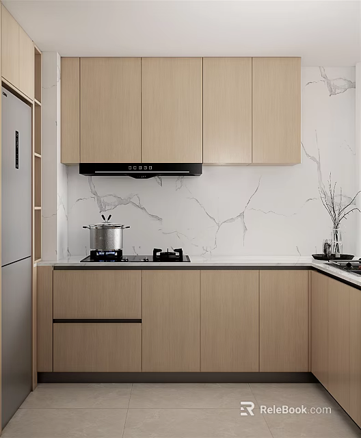 Modern Kitchen Interior With Wooden Cabinets Marble Backsplash Range Hood And Stove 3d model 
