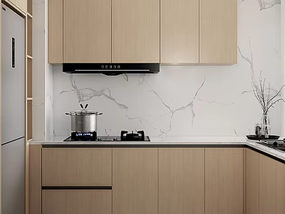Modern Kitchen Interior With Wooden Cabinets Marble Backsplash Range Hood And Stove 3d model