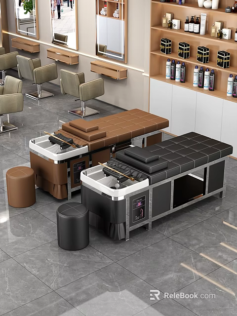 Modern Beauty Salon Interior With Brown And Black Reclining Chairs Small Stools Cabinetry And Bottles 3d model 