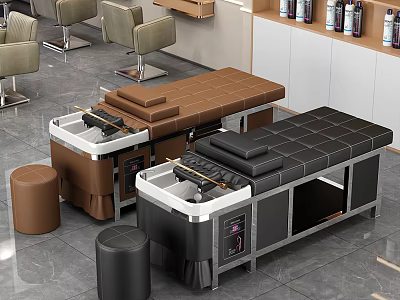 Modern Beauty Salon Interior With Brown And Black Reclining Chairs Small Stools Cabinetry And Bottles 3d model