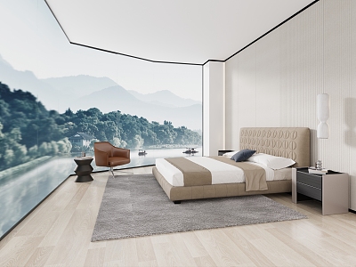 Modern Bedroom Modern Bedside Cabinet Chandelier Leisure Chair Corner Carpet Wood Floor 3d model