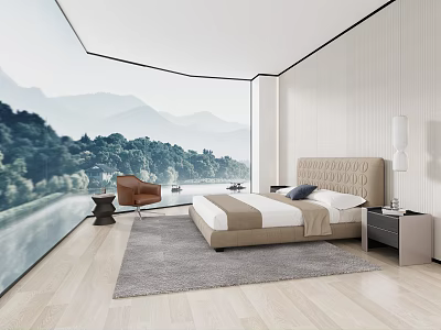 Modern Bedroom With Scenic Mountain River View Upholstered Headboard Bed Gray Area Rug 3d model