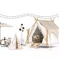 Large Camping Tent With Small Tent Umbrella Table Chairs Balloons And String Lights