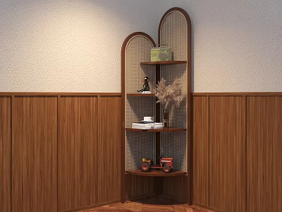 Wooden Corner Shelf with Green Box Decorative Figurine Dried Flowers Books and Red Toy Car 3d model