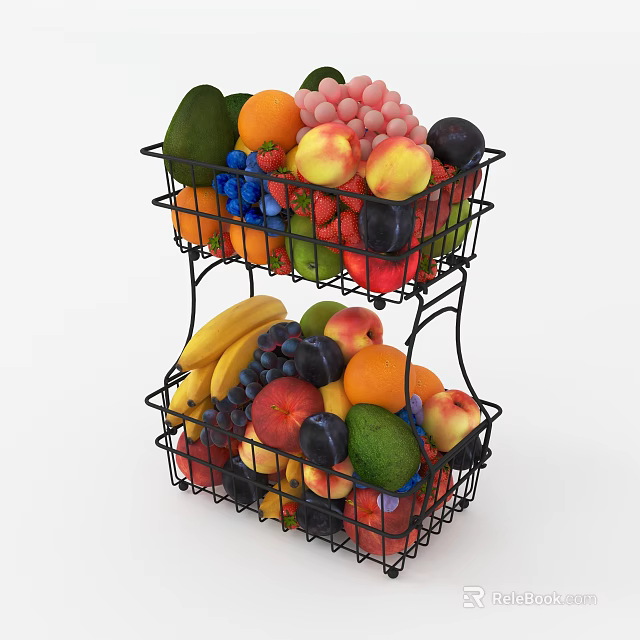 Assorted Fresh Fruits in Two Tier Wire Baskets with Bananas Apples Grapes Peaches and Avocado 3d model 