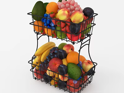 Assorted Fresh Fruits in Two Tier Wire Baskets with Bananas Apples Grapes Peaches and Avocado 3d model