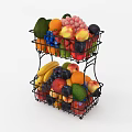 Assorted Fresh Fruits in Two Tier Wire Baskets with Bananas Apples Grapes Peaches and Avocado