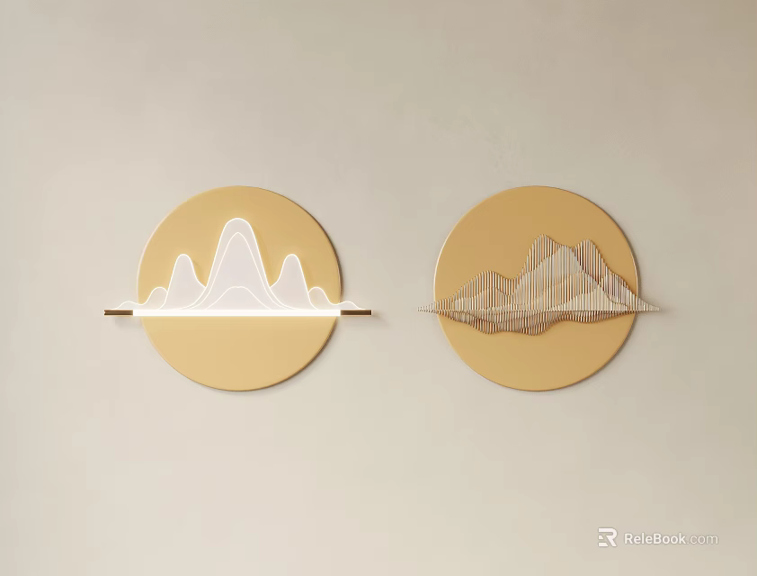 Two Circular Wall Decorative Ornament Set With Mountain Patterns On Beige Background 3d model