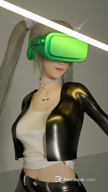 Woman With Green VR Headset Long Gray Hair Shiny Black Jacket And White Top 3d model 