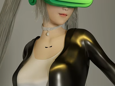 Woman With Green VR Headset Long Gray Hair Shiny Black Jacket And White Top 3d model