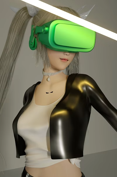 Woman With Green VR Headset Long Gray Hair Shiny Black Jacket And White Top 3d model