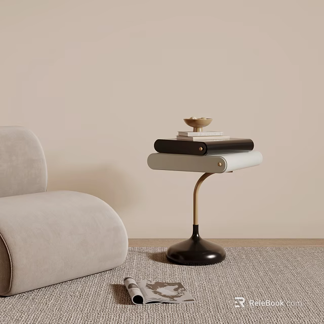Modern Minimalist Side Table With Grey Sofa Books And Gold Ornament On Metal Stand Base 3d model 