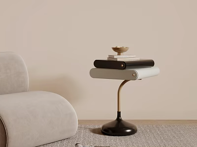 Modern Minimalist Side Table With Grey Sofa Books And Gold Ornament On Metal Stand Base 3d model