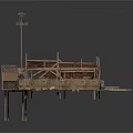 Rustic Wooden Platform Scene With Crates Ropes Thatched Reeds And Frame Structure