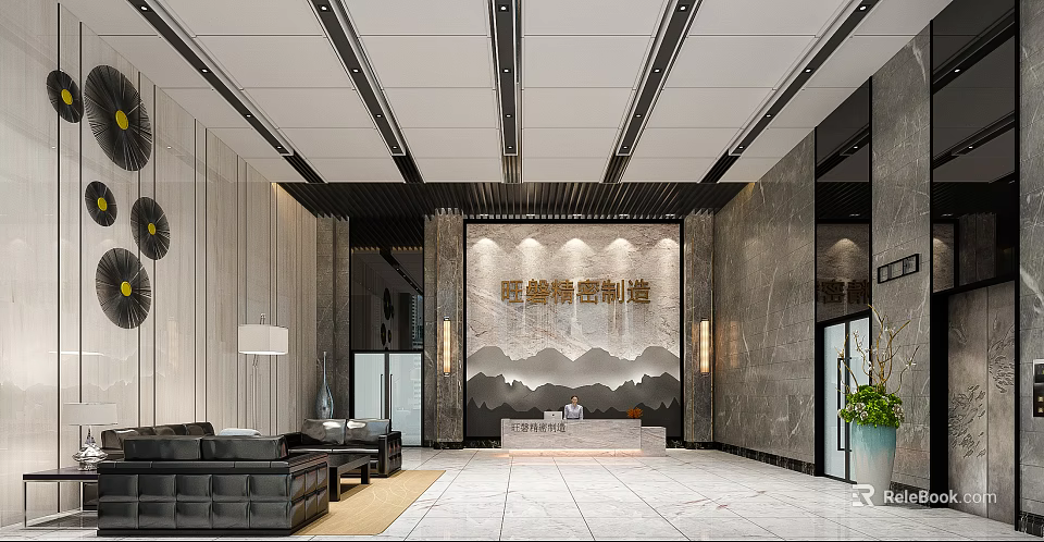 Modern Business Lobby Reception Desk With Marble Walls Sofa And Chandelier 3d model 