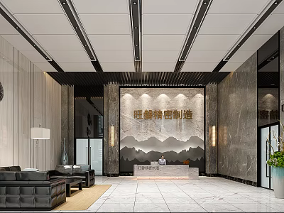 Modern Business Lobby Reception Desk With Marble Walls Sofa And Chandelier 3d model