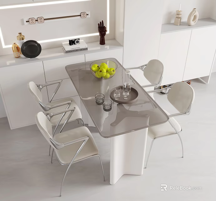 Modern Dining Table Set with Glass Top White Metal Chairs Fresh Green Fruits and Tableware 3d model 