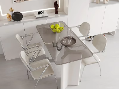 Modern Dining Table Set with Glass Top White Metal Chairs Fresh Green Fruits and Tableware 3d model