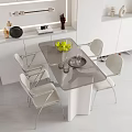 Modern Dining Table Set with Glass Top White Metal Chairs Fresh Green Fruits and Tableware