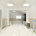 Public Facility Interior With White Tiled Floor Square Ceiling Lights Turnstiles Blue Lockers And Staircase