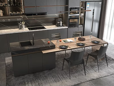 Modern Kitchen Interior Design With Dark Cabinets Island Counter And Dining Chairs 3d model