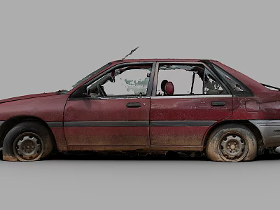 Abandoned Red Rusty Old Car With Broken Windows Damaged Body And Worn Tires 3d model