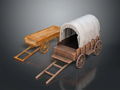 Two Types Of Wooden Wagons With Canopy And Flatbed Structure 3d model