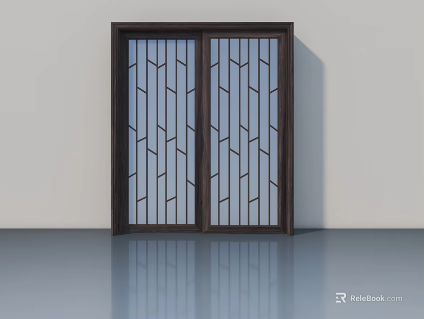 Modern Interior Swing Door With Wooden Frame Geometric Patterned Glass 3d model