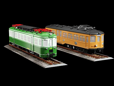 Vintage Green And Yellow Detailed Model Trains Displayed On Tracks 3d model