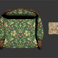 Classic Green Floral Pattern Armchair With Carved Wooden Armrests And Golden Legs Beside Marble Column