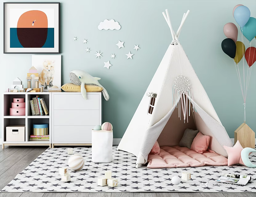 Cozy Kids Playroom With Teepee Pink Cushions White Cabinet And Decor 3d model 
